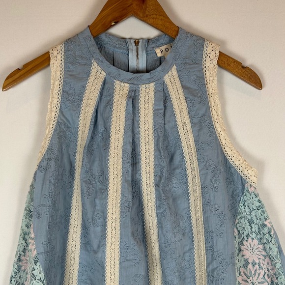 POL Blue Cream Lace Trim Sleeveless Mock Neck Peplum Top Womens Size M - Picture 6 of 11